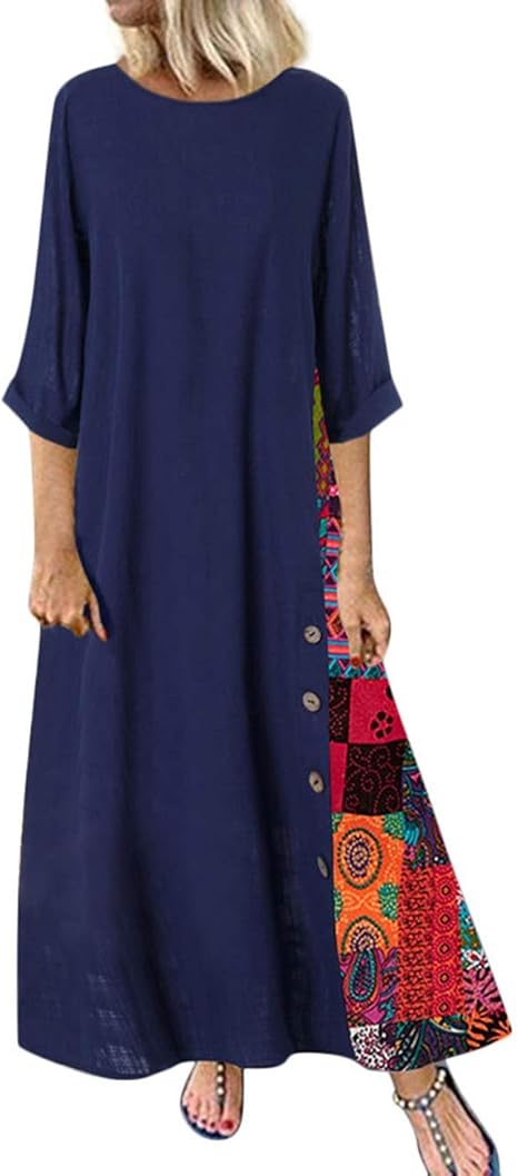 Yesgirl Boho Vestito Estivo da Donna Abito Sciolto Manica Lunga Retro Lino Cotone Abiti Lunghi